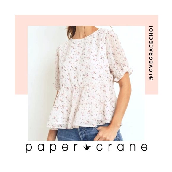 Paper Crane Tops - Paper Crane | White & Pink Floral Peplum Top